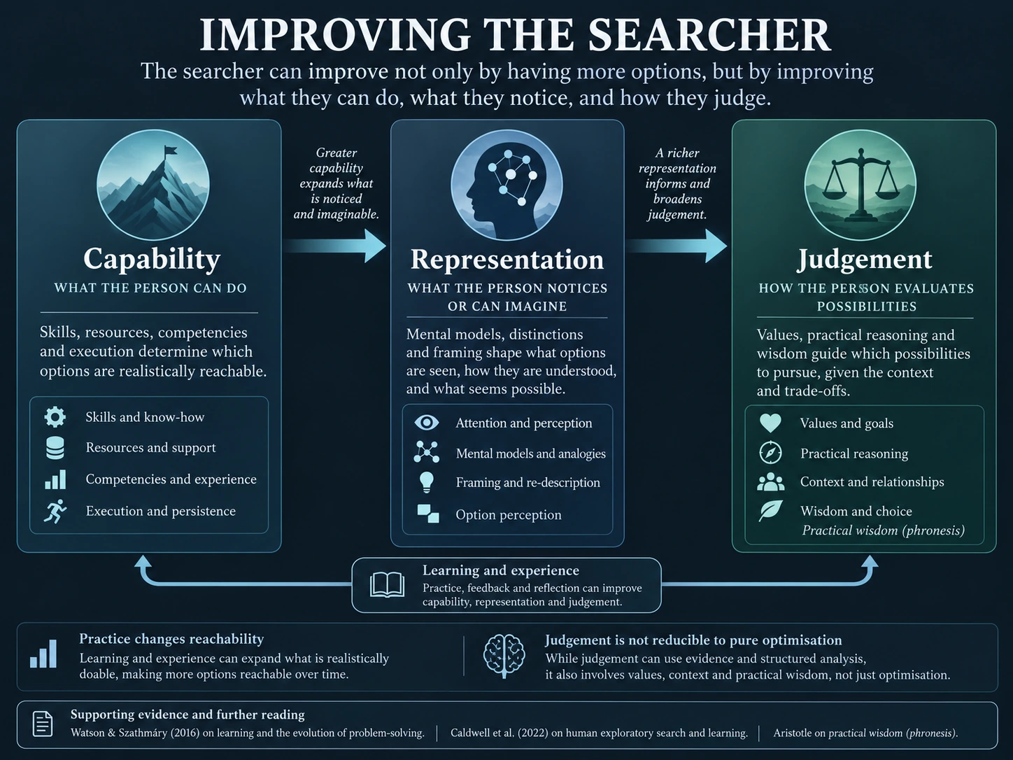 Three-part visual for capability, representation and judgement, with practical wisdom at the centre.