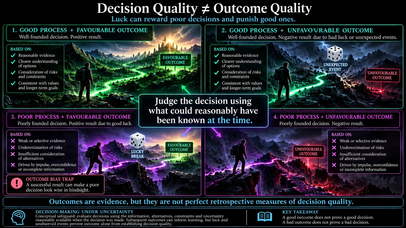 Four-quadrant decision-outcome matrix separating process quality from results.