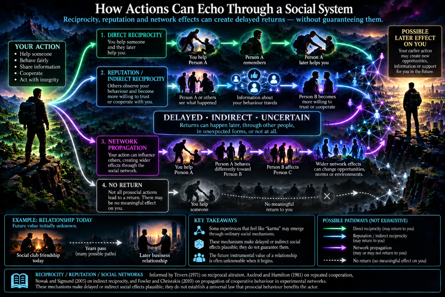 Social-network flow showing reciprocity, reputation, network spread, decay and no-return paths.