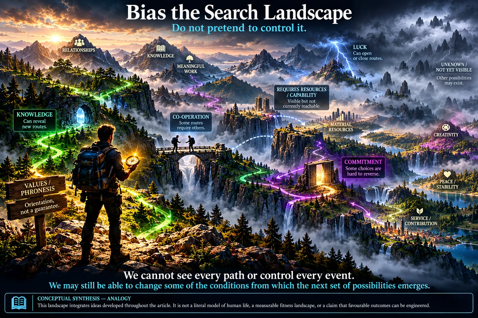 Cinematic final landscape showing multiple pathways through an uncertain world.