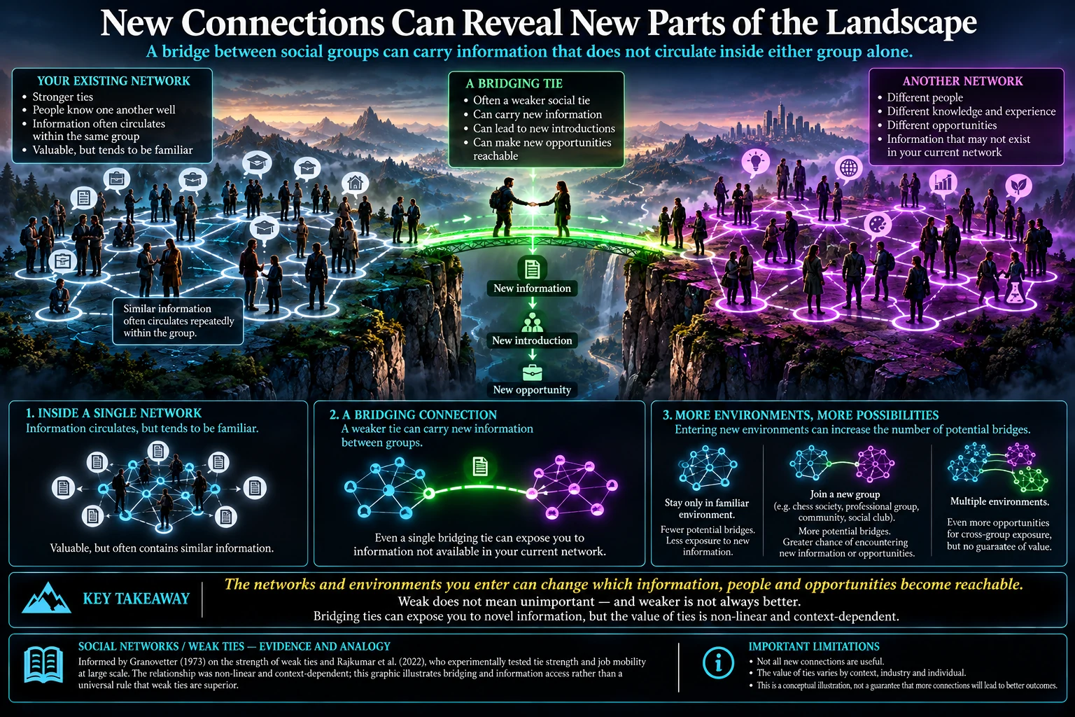 Network landscape showing a bridge to a previously unseen region of opportunity.
